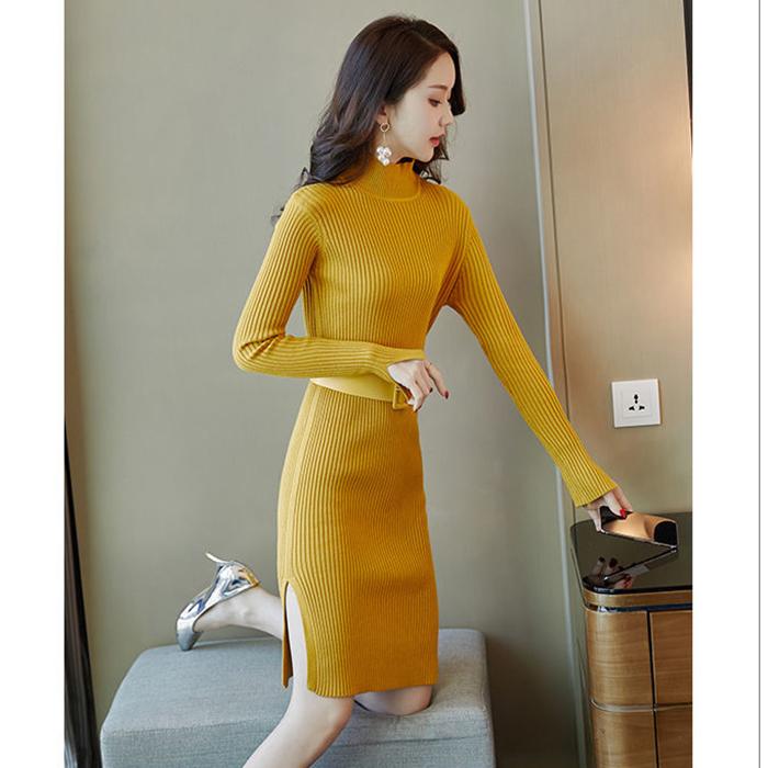 Fashion Slim Dress Winter Long Sleeve Half High Neck Buttoned Knit Sweater Mid-length Thin Dress