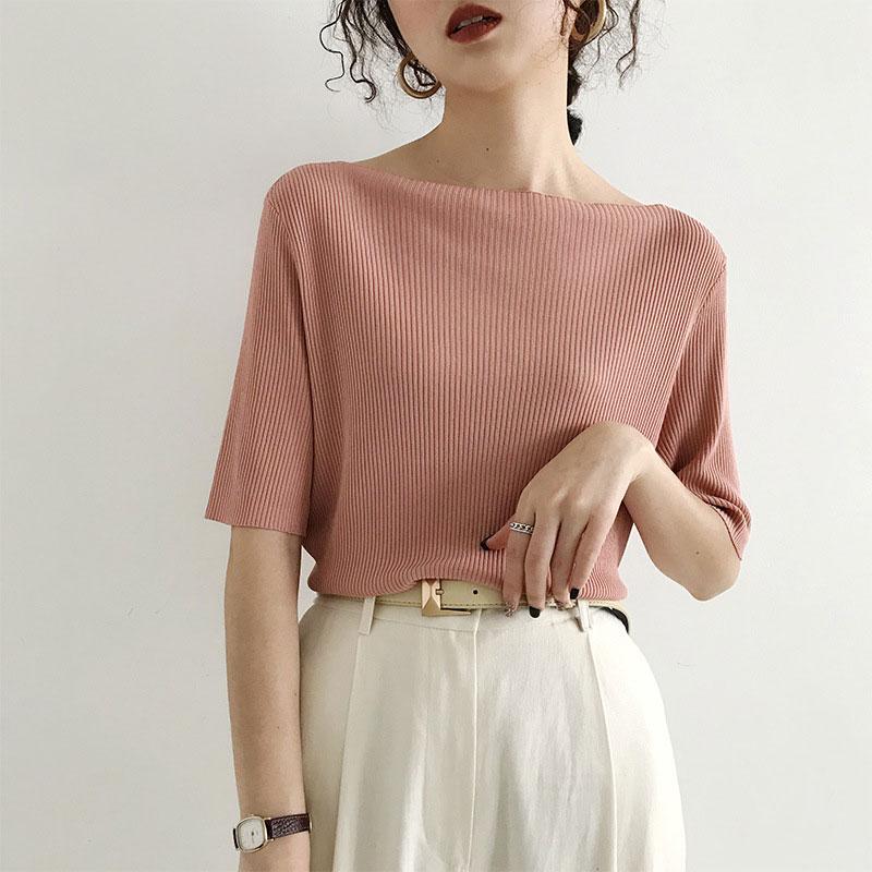 Women's Ice Silk Short-sleeved Summer One-word Collar Five point sleeve T-shirt Loose Middle-sleeved Korean Version All-match Bottoming Shirt Top