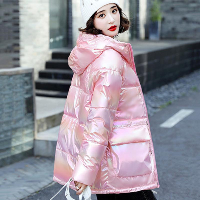 Women's Glossy Mid-length Down Jacket Winter Korean Style Loose Cotton Clothes Casual Hooded Padded Jacket