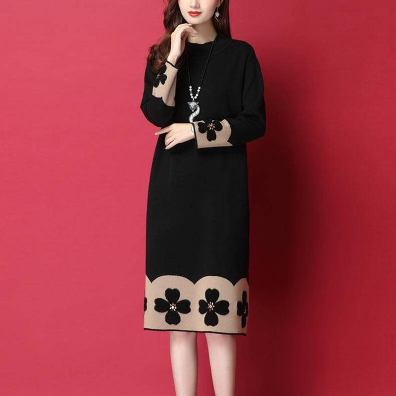 Autumn and Winter Long-sleeved Knitted Dress Large Size Loose and Thin Base Skirt Simple Over-the-knee Women's Sweater Dress