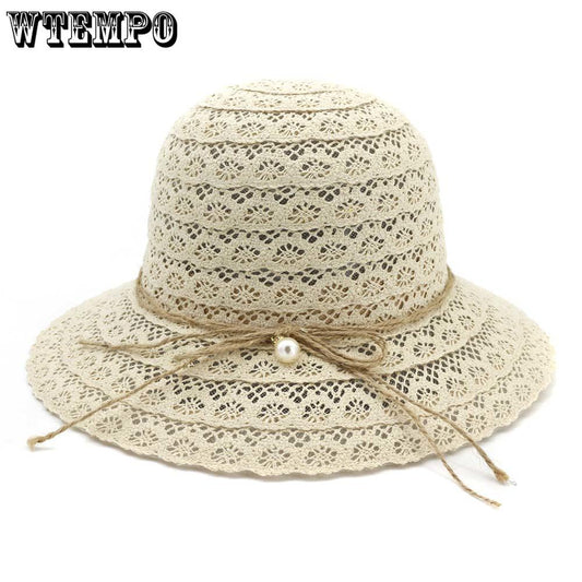 Straw Hat Women Straw Hat Foldable Outdoor Travel Seaside Beach Sunscreen Cap Pearl Hat