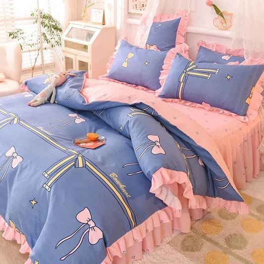 Four-piece Korean Princess Style Cotton Brushed Bed Sheet Quilt Cover Sheet Couple Double Bedroom Bedding