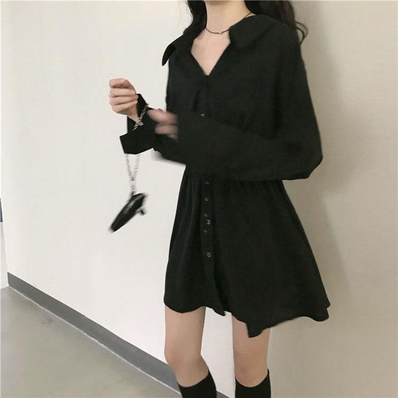 Spring and Autumn Clothing Lightly Cooked Hepburn Style Design Sense Small Black Skirt Waist Slimming Long-sleeved Dress Women