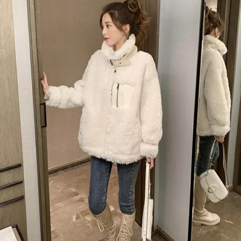 Fur One-piece Stand-up Collar Imitation Lamb Fur Jacket Women Autumn and Winter Jacket All-match Blouse