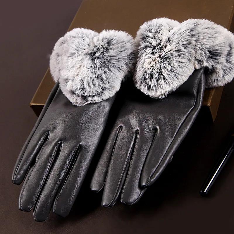 Winter Women's Leather Gloves for Cold and Warm Fashion Soft Burr Plus Velvet Thick Touch Screen Gloves