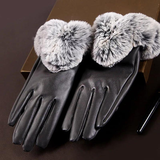 Winter Women's Leather Gloves for Cold and Warm Fashion Soft Burr Plus Velvet Thick Touch Screen Gloves