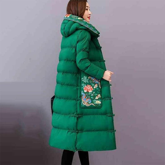 Women's Winter Retro Padded Down Jacket Hooded Down Jacket with Warm Stand-up Collar Women's Solid Color Long Down Jacket  Quilted Coat