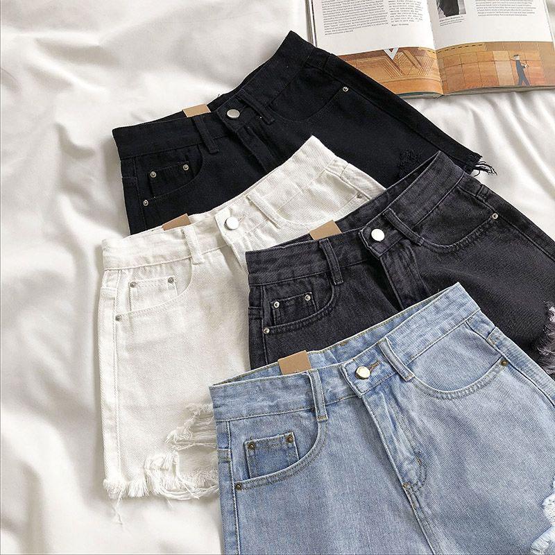 Light-colored Denim Shorts Women's High Waist Summer New Style Korean Loose Loose Holes and Raw Edges Are Thin