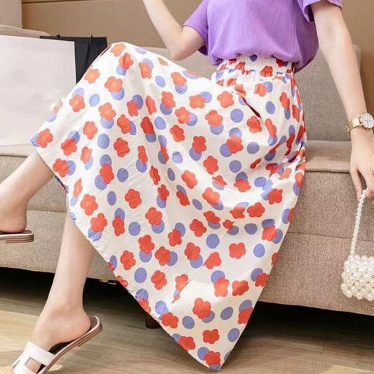 Women Skirts Female Summer Casual A-line Skirt Thin Elastic High Waist Skirts Vintage Loose Long Chiffon Floral Skirt