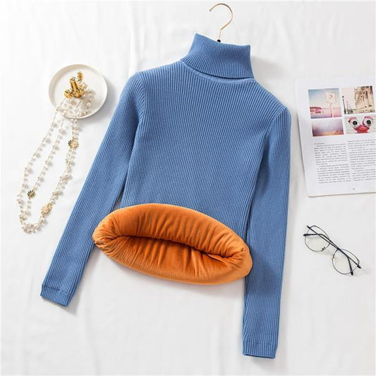 Autumn Winter Plus Velvet Thickening Slimming Turtleneck Sweater Women's Pullover Long-sleeved Tight-fitting Warm Knitted Bottoming Shirt