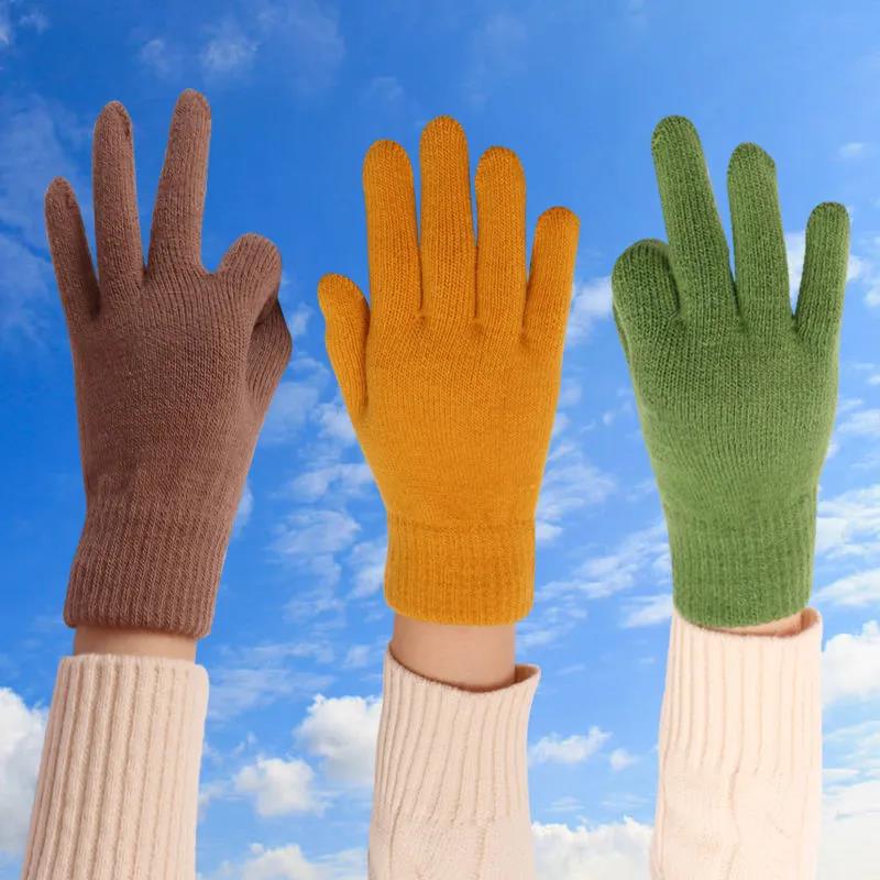 Women's Autumn Winter Five-finger Woolen Knitted Gloves Full-finger Pure Color Mittens Outdoor Riding Driving Warm Gloves Crochet Gloves