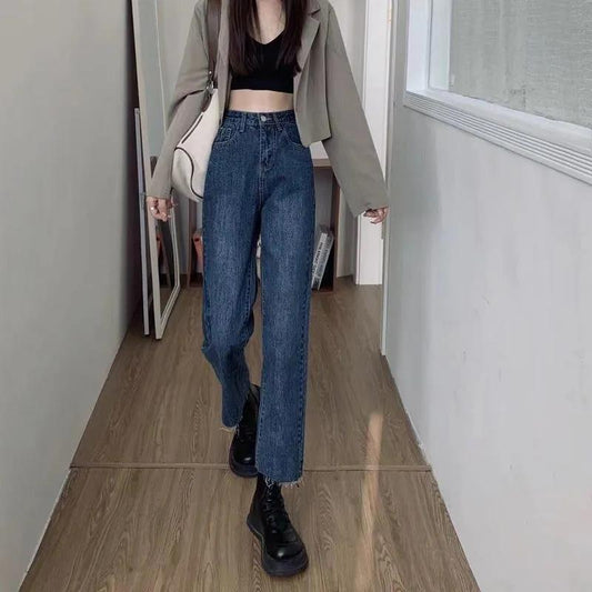 Spring and Autumn Jeans Women's Ins High Waist Straight Loose, Thin, Sagging Wide Legs Trend All-match