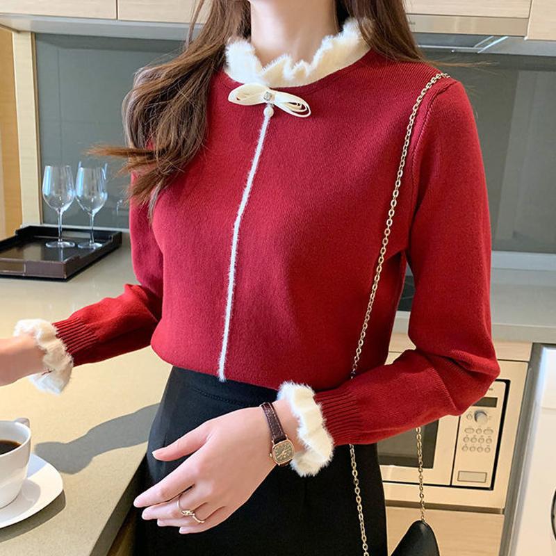 Half Turtleneck Sweater Women Thickened Bottoming Shirt Autumn  Winter Long-sleeved Fashion Bow-knot  Knitted Top