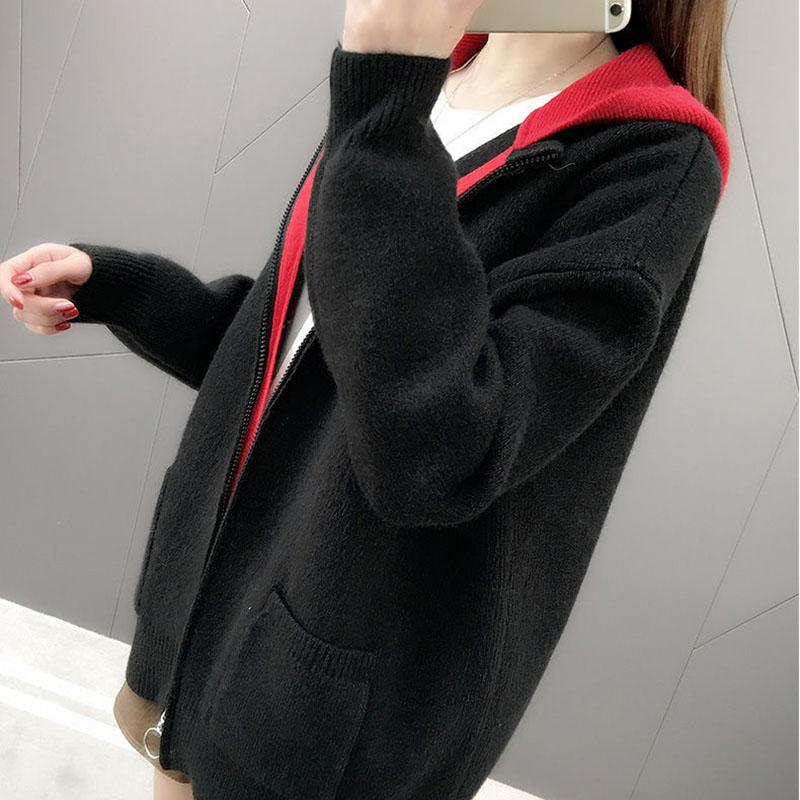 Autumn and Winter Cardigan Hooded Coat Loose Contrast Color Knitted Sweater Zipper Casual Women's Top