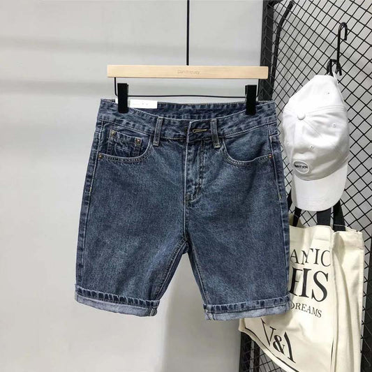 Summer Dark Blue Small Straight Denim Shorts Men's Slim Non-stretch Youth Five-point Pants