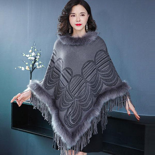 Autumn Winter Imitation Fox Fur Cloak Shawl Batwing coat Women's Faux Fur Coat Plus Size Tassel  Sweater Coat Mid-length