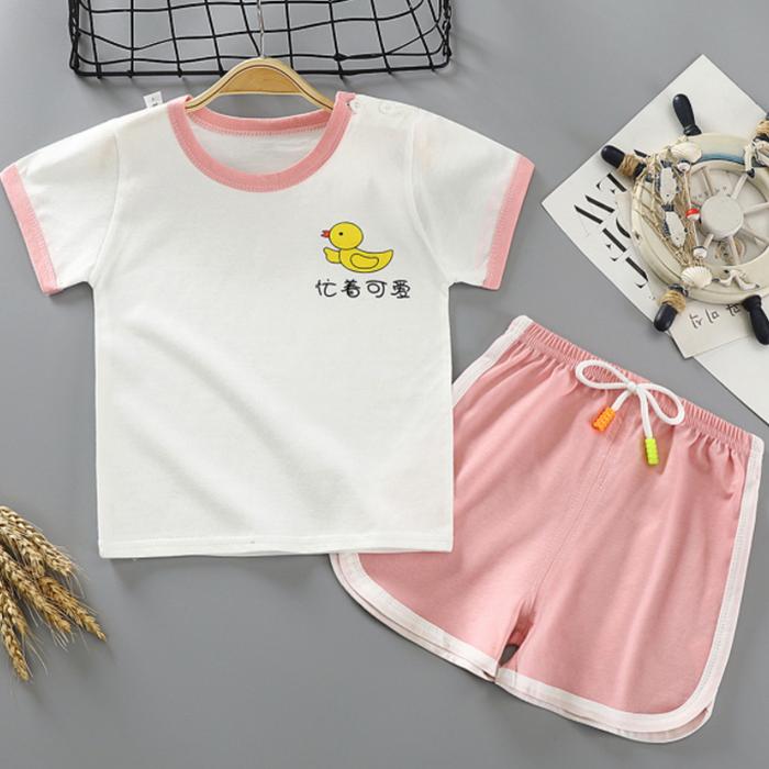 Children's Short Sleeve Suit Korean Style Printing Boys and Girls' T-shirt and Shorts Two Piece Set