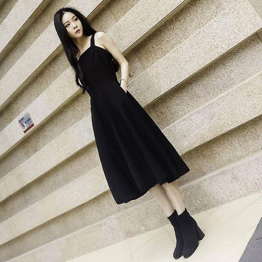 Pofulove S-3XL Women Frosty Long Black Camisole Dress Sexy Slim Sleeveless Dress A-line Dresses