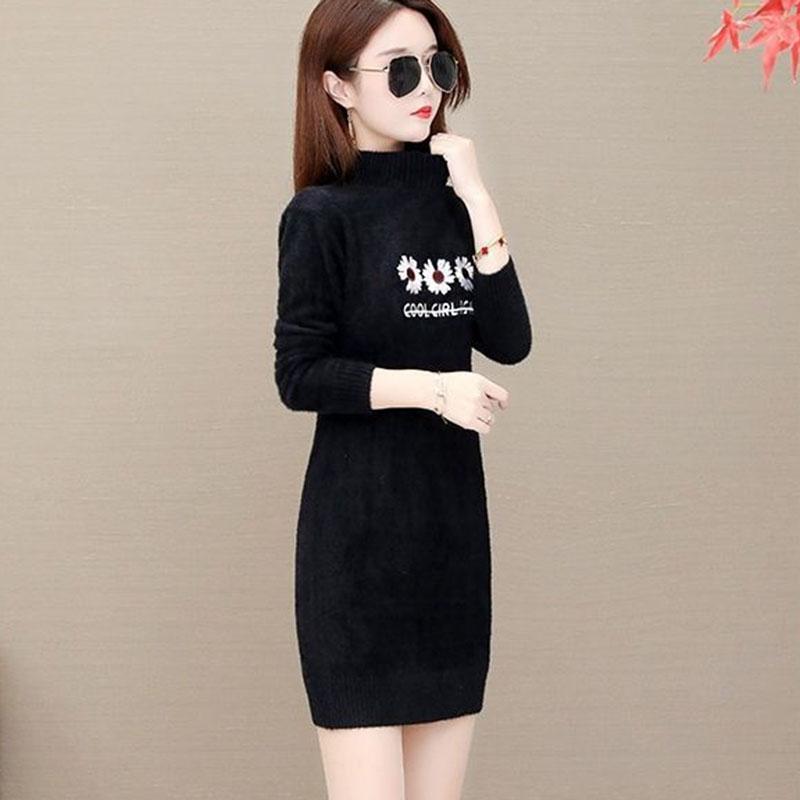 Autumn and Winter Mohair Knitted Sweater Half High Neck Thick Loose Bottoming Shirt Mid-length Casual Women Sweater Dress