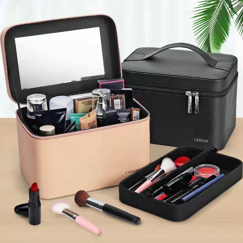 Large Capacity with Mirror Cosmetic Case Portable Makeup Case Travel Portable Cosmetic Storage Case Makeup Bag Organizer Pink Toiletry Bag