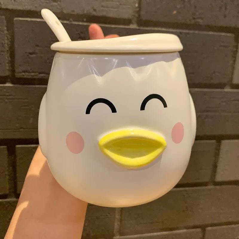 Creative Three-dimensional Mug with Lid Cute Pet Little Yellow Duck Ceramic Cup Male and Female Student Breakfast Cup Milk Cup Oatmeal Cup