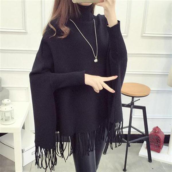 Autumn and Winter High Neck Tassel Sweater Pullover Mid-length Loose Top Knitted Casual Women's Bat Shirt