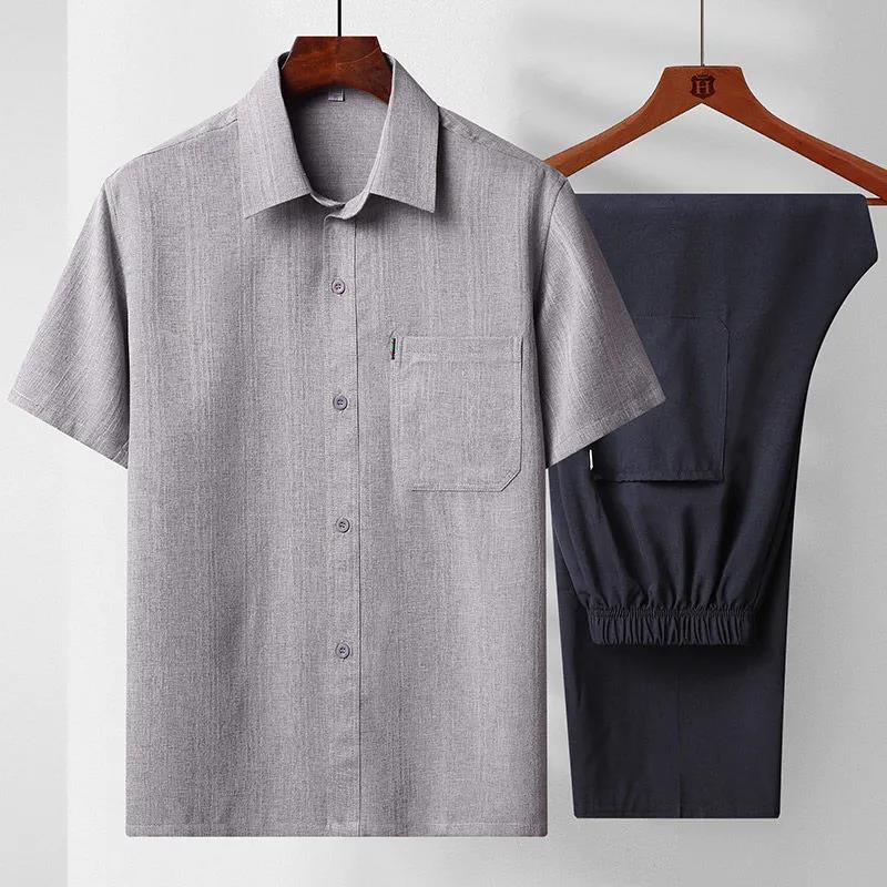 Men's Short-sleeved Shirt Suit Middle-aged Dad Summer Cotton and Linen Short-sleeved Shirt Men's Thin Loose Old Clothes