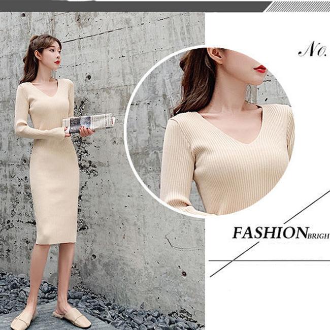 Winter Mercerized Cotton Temperament Goddess Fan Sweater Knit Dress V-neck Long-sleeved Slim Slimming Black Hip Skirt