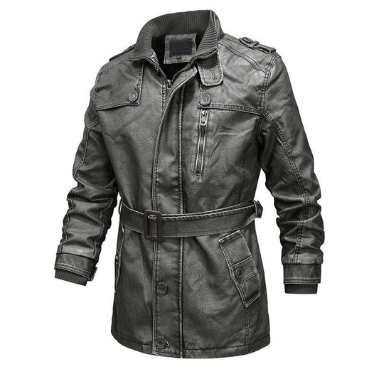 Mid-length Fashion Casual Leather Jacket Autumn Winter Europe  America Plus Size Young Middle-aged Men's Velvet Motorcycle Leather Jacket