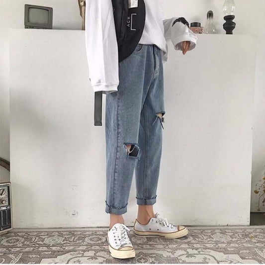 WTEMPO Woman's Jeans High Waist Torn Jeans Wide Leg Denim Clothing Blue Street Clothing Vintage Pants