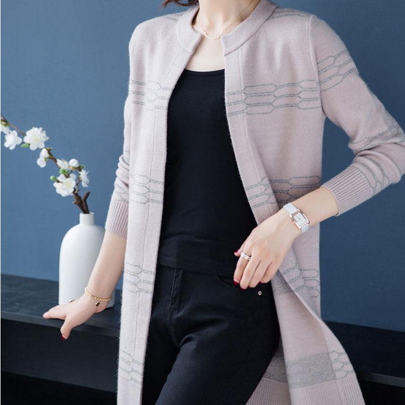 Autumn and Winter Long Loose Sweater Bright Silk Round Neck Woolen Coat Casual Simple Middle-aged Women's Jacket