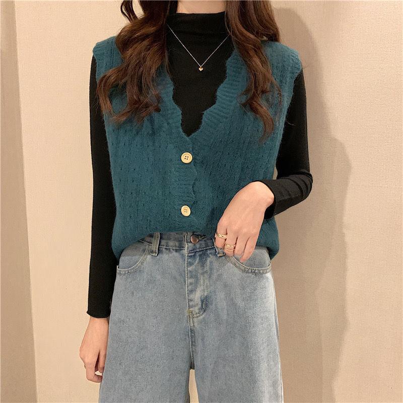 Hollow Knit Sweater Vest Vest Women Lazy Loose Short Sweater Waistcoat Outer Wear All-match Cardigan Vest Sweet Style