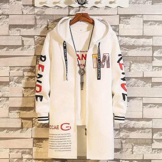 M Print Jacket Hooded Coat Spring Men Windbreaker Soft Comfortable Parka Casual Loose Top Long