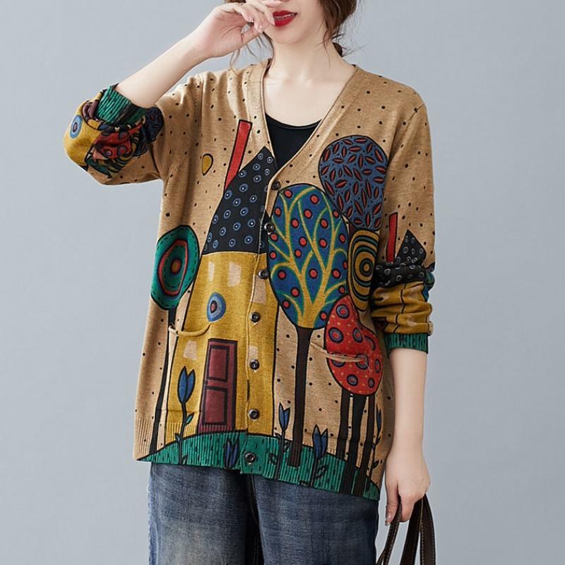 Vintage Art Plus Size V-neck Cardigan Coat Printed Long-sleeved Sweater Women Knitted Jacket with Pockets