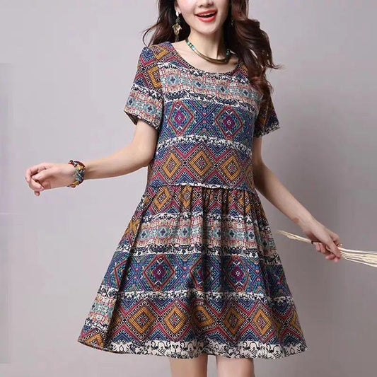 Summer Short-sleeved Dress Women's Retro Flower Printing Loose Plus Size Mid-length Base A-line Dress Round Neck Stitching Mid-length Skirt