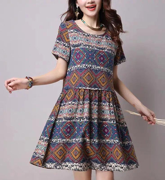 Summer Short-sleeved Dress Women's Retro Flower Printing Loose Plus Size Mid-length Base A-line Dress Round Neck Stitching Mid-length Skirt