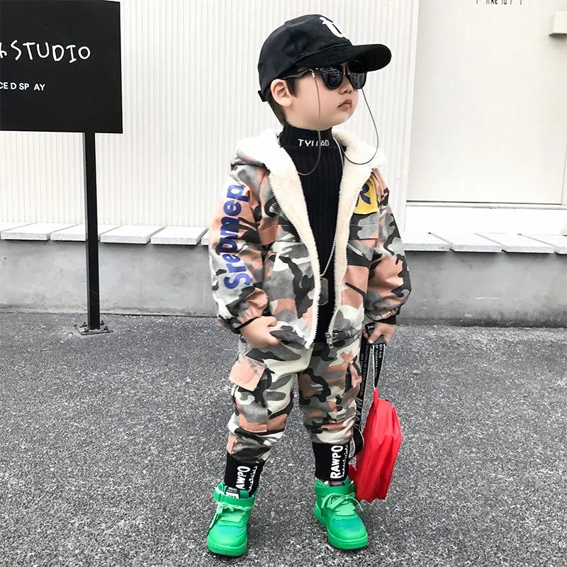 Boy's Suit Winter Camouflage Children's Two-piece Suit Western-style Baby Clothes Plus Velvet Thickening Children's Tide