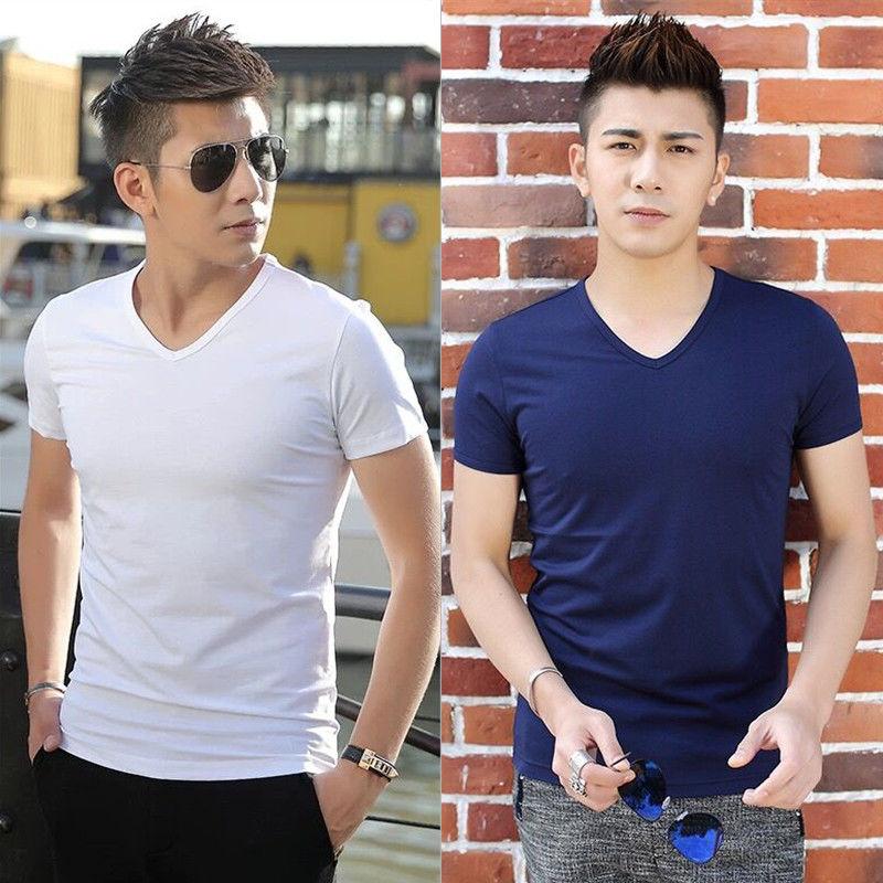 Two-piece Short-sleeved T-shirt Men's V-neck Solid Color Black Tide Top Slim Bottoming Shirt Summer T-shirt