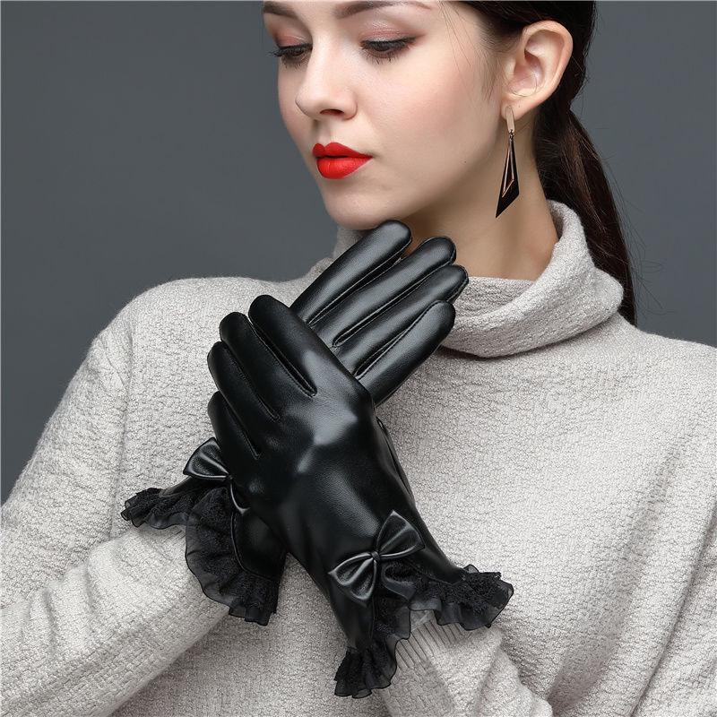 Leather gloves Thick gloves Woman fashion gloves Plush Cotton gloves Windproof gloves Winter Warm