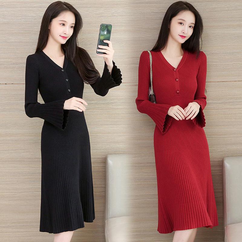 Winter Fashion Padded Sweater Skirt Mid-length Over The Knee V-neck Knitted Dress Slim Inner Base Bag Hip Skirt