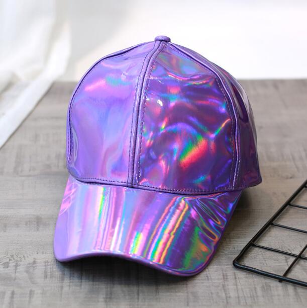 Women Men Color Gradient Shiny Metallic Laser Leather Snapback Baseball Caps