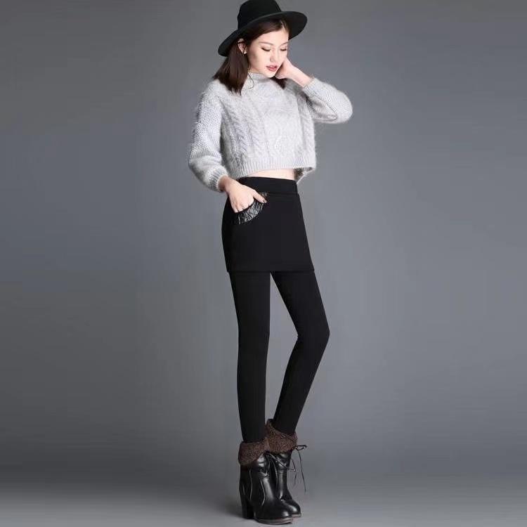 Anti-pilling Leggings for Women's Outer Wear In Autumn and Winter Plus Velvet Warm Feet Pants Stretch Fake Two High-waist Shorts Skirts