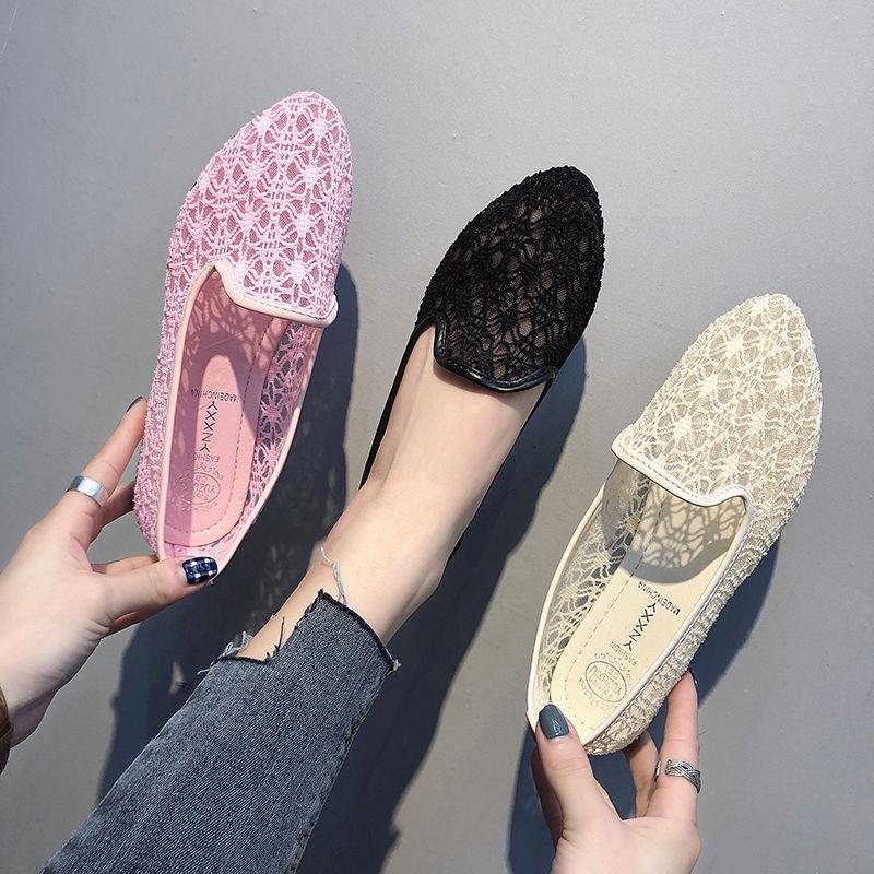 Summer Female Lightweight Flat Bottom Breathable Loafer Shoes Hollow Mesh Shallow Mouth Single Shoes