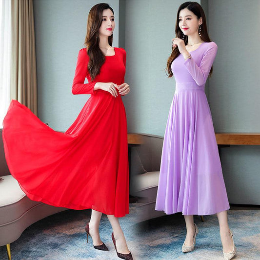 Chiffon large swing dress female long spring and autumn dress plus size long-sleeved slim skirt