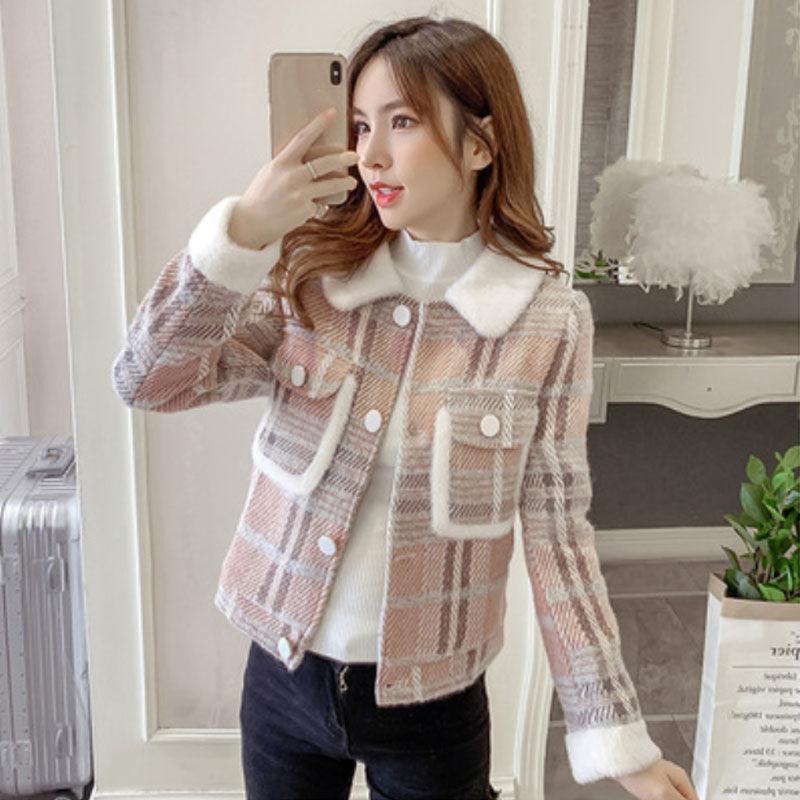 Winter Korean Style Plaid Fur Collar Casual Loose Jacket Women Fashion All-match Straight Short Top