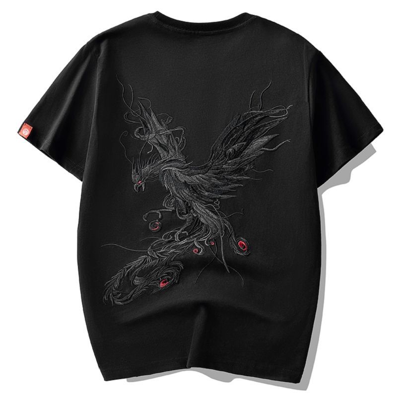 Pure Cotton Half-sleeved Trend Loose Short-sleeved T-shirt Men's Phoenix Embroidery T-shirt