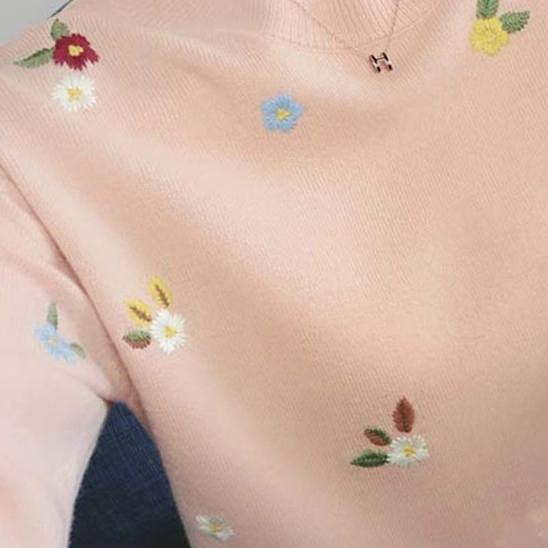 Flower Embroidery Autumn  Winter Clothes Base Knitting Inner  Outer Sweater Round Neck PulloverLong Sleeve Women