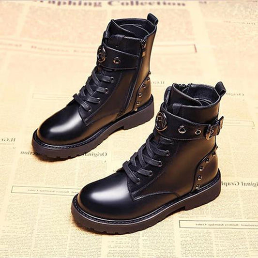 Pair of Shoes Fashion Women Boots Round ToeThick Bottom PU Leather Waterproof Woman Martin Boots