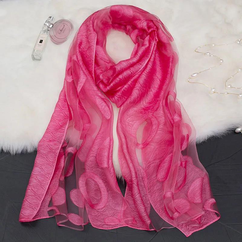 Women's Acrylic Linen Lace Silk Scarf Neck Conver Korean Scarves Long Gauze Scarf Pure Color Wavy Dot Embroidery Cut Flower High Quality Shawl