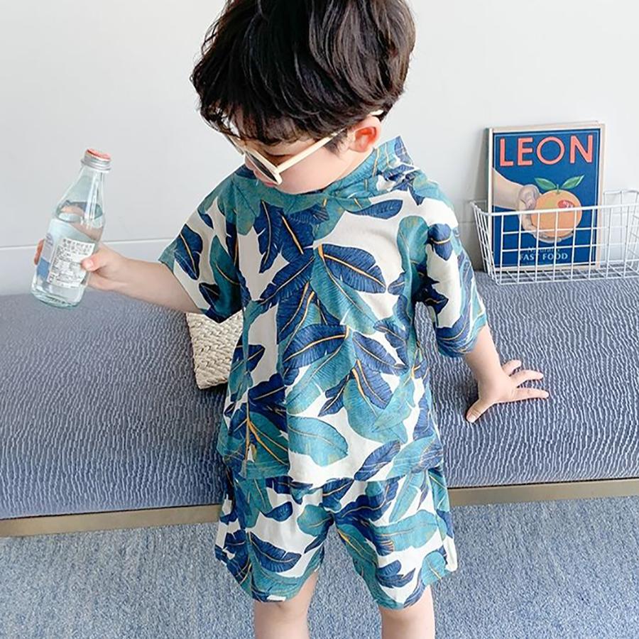 Children's Suit Summer Thin Korean Style Loose Print Leaf Girls and Boys Suspender Shorts Ventilation Two Piece Set